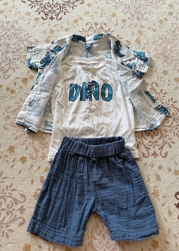 Erkek Bebek Keten Takım - DINO Baskılı