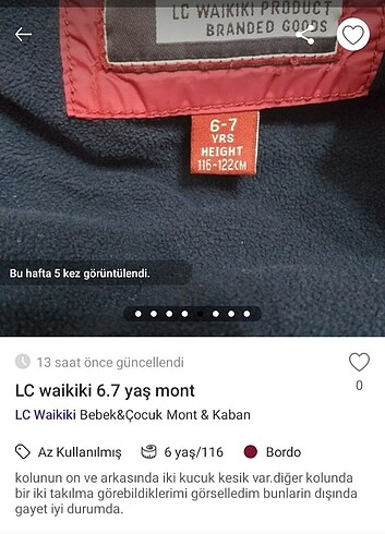 6 Yaş Beden bordo Renk Lc waikiki 6.7 yaş erkek çocuk mont