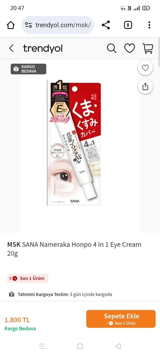 SANA Nameraka Honpo 4'ü 1 Arada Göz Kremi 20g - Görsel 2
