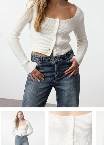 Ekru Crop Kare Yaka Triko - Görsel 2