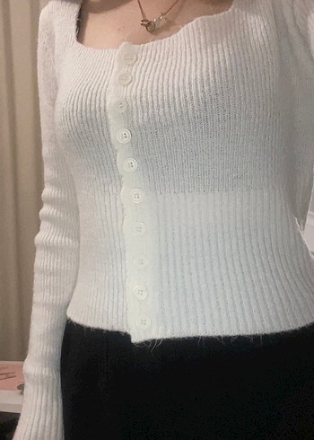 Ekru Crop Kare Yaka Triko - Görsel 3