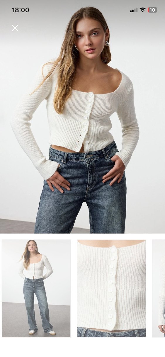 Ekru Crop Kare Yaka Triko - Görsel 2