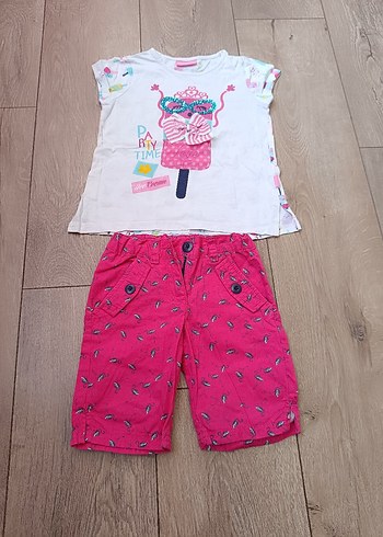 Kız Bebek Renkli Baskılı Dantelli Kısa Kollu Takım