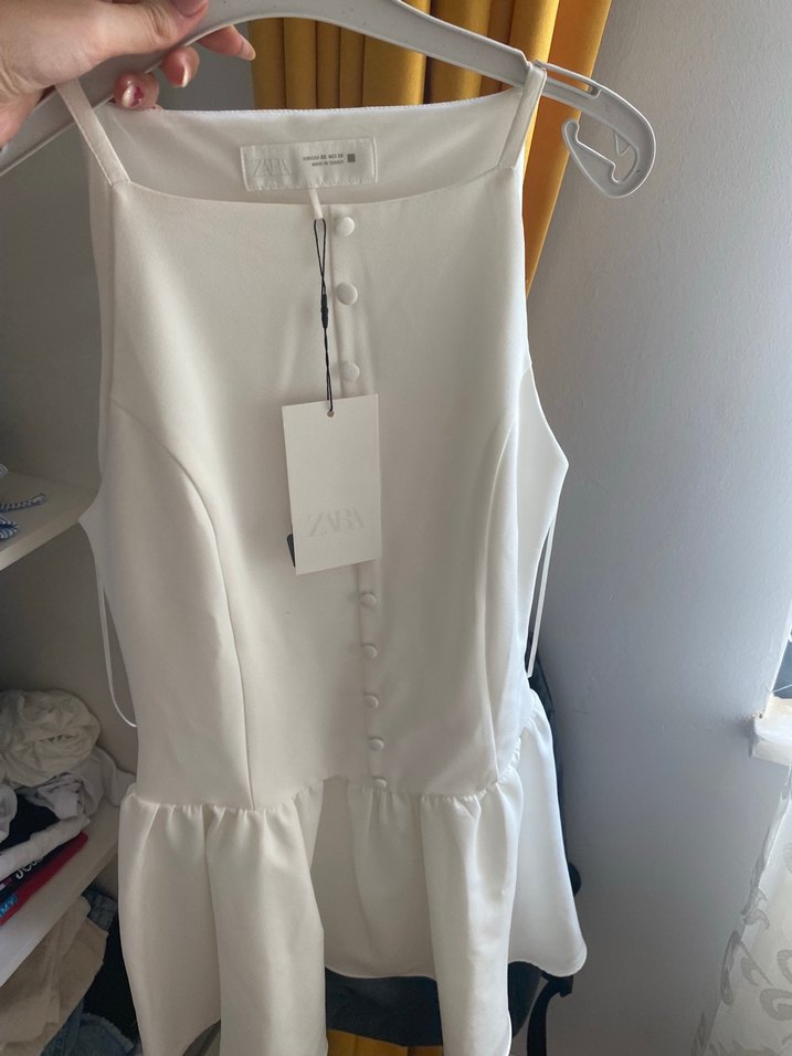 zara Düğmeli Beyaz Mini Elbise - Görsel 3