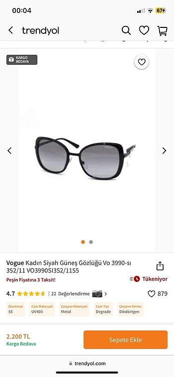  Beden siyah Renk Vogue güneş gözlüğü