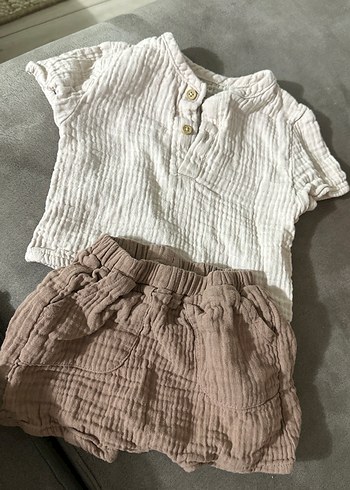 Bej Keten Bebek Erkek Takımı Kısa Kollu