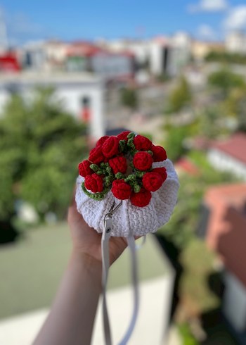 Beden Örgü Beyaz Çiçekli Bohem Kadın Çanta
