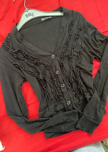 Siyah Kadın Fırfırlı V Yaka Hırka - Görsel 7