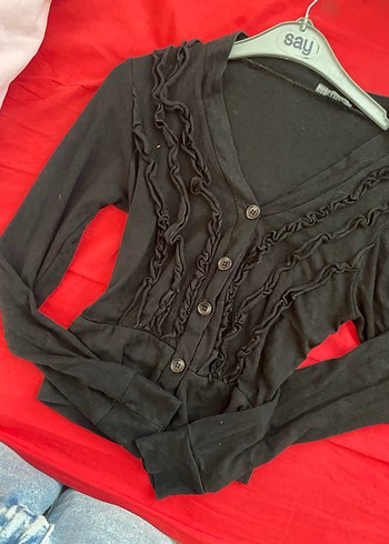 Siyah Kadın Fırfırlı V Yaka Hırka - Görsel 2