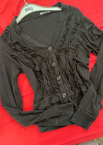 Siyah Kadın Fırfırlı V Yaka Hırka - Görsel 4