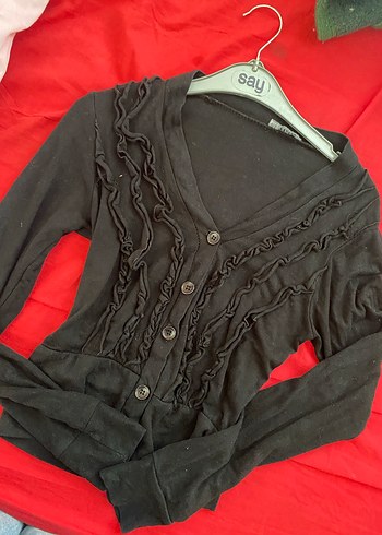 Siyah Kadın Fırfırlı V Yaka Hırka - Görsel 11