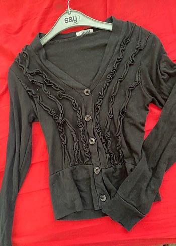 Siyah Kadın Fırfırlı V Yaka Hırka - Görsel 10