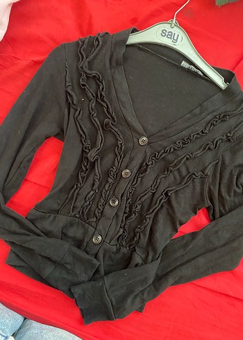 Siyah Kadın Fırfırlı V Yaka Hırka - Görsel 3