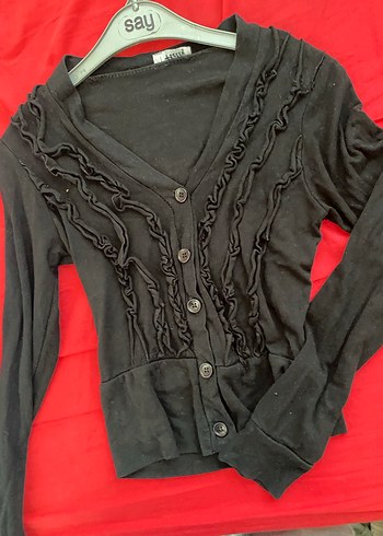 Siyah Kadın Fırfırlı V Yaka Hırka - Görsel 9