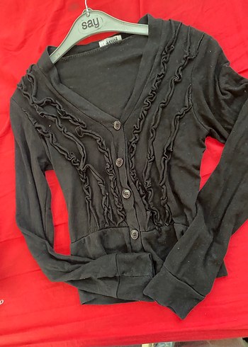 Siyah Kadın Fırfırlı V Yaka Hırka - Görsel 5