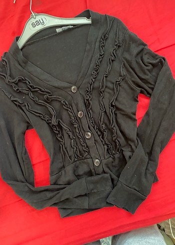 Siyah Kadın Fırfırlı V Yaka Hırka - Görsel 12