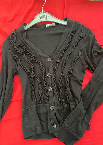 Siyah Kadın Fırfırlı V Yaka Hırka - Görsel 8