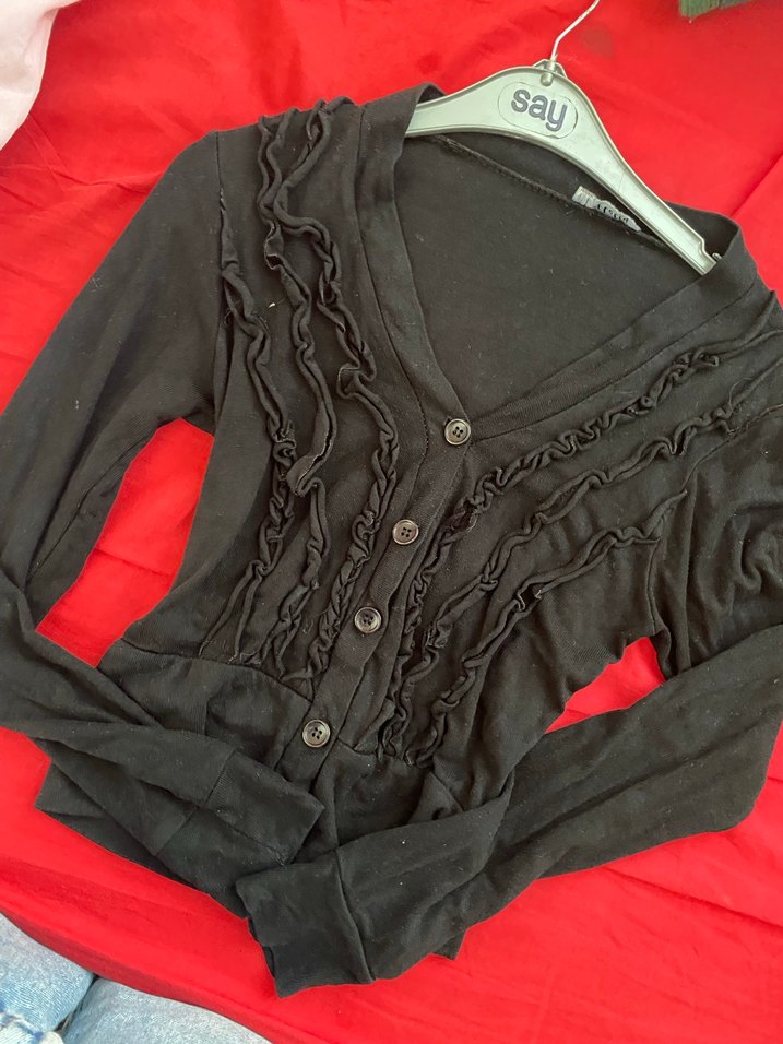 Siyah Kadın Fırfırlı V Yaka Hırka - Görsel 3