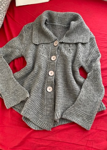 Gri Örgü Kadın Hırka, Uzun Kollu, Rahat Kesim - Görsel 3