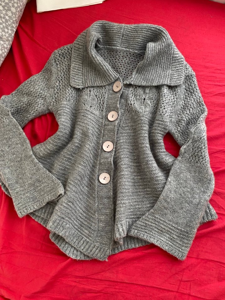 Gri Örgü Kadın Hırka, Uzun Kollu, Rahat Kesim - Görsel 3