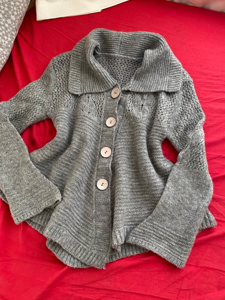 Gri Örgü Kadın Hırka, Uzun Kollu, Rahat Kesim - Görsel 4