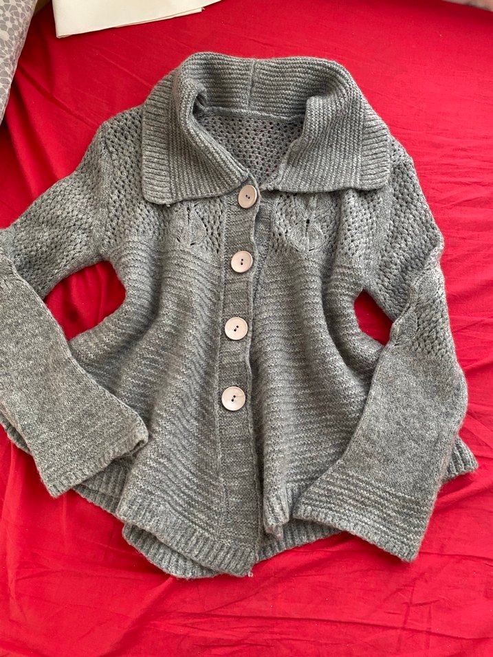 Gri Örgü Kadın Hırka, Uzun Kollu, Rahat Kesim - Görsel 2