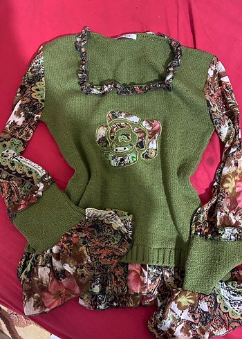 Yeşil Desenli Uzun Kollu Triko Kazak - Görsel 4