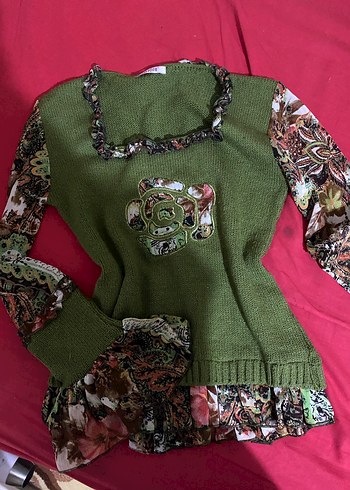 Yeşil Desenli Uzun Kollu Triko Kazak - Görsel 2