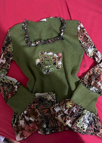 Yeşil Desenli Uzun Kollu Triko Kazak - Görsel 9