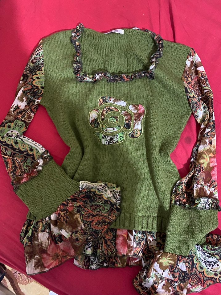 Yeşil Desenli Uzun Kollu Triko Kazak - Görsel 4