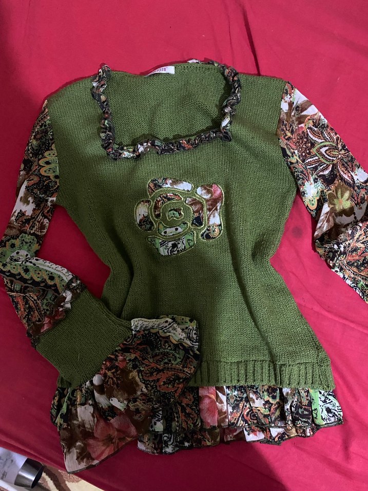 Yeşil Desenli Uzun Kollu Triko Kazak - Görsel 2