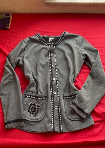 Düğmeli Gri Nakışlı Midi Kadın Ceket - Görsel 5