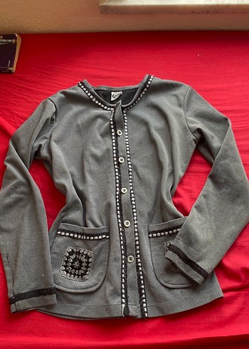 Düğmeli Gri Nakışlı Midi Kadın Ceket - Görsel 4