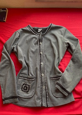 Düğmeli Gri Nakışlı Midi Kadın Ceket - Görsel 3