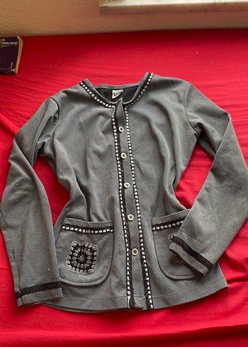 Düğmeli Gri Nakışlı Midi Kadın Ceket - Görsel 6