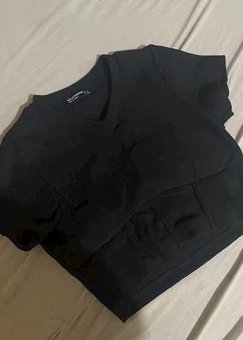 s Beden Siyah V Yakalı Kısa Kollu Crop Top