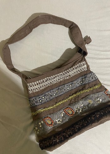 Beden kahverengi Renk Boncuk İşlemeli Bohem Kadın Kumaş Çanta