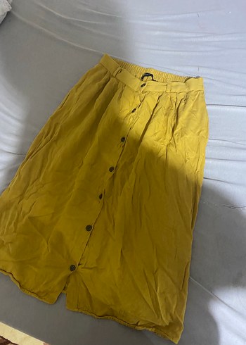 Düğmeli Sarı Midi Keten Etek