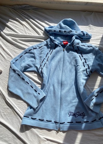 Mavi Kapüşonlu Fermuarlı Hırka - Görsel 5