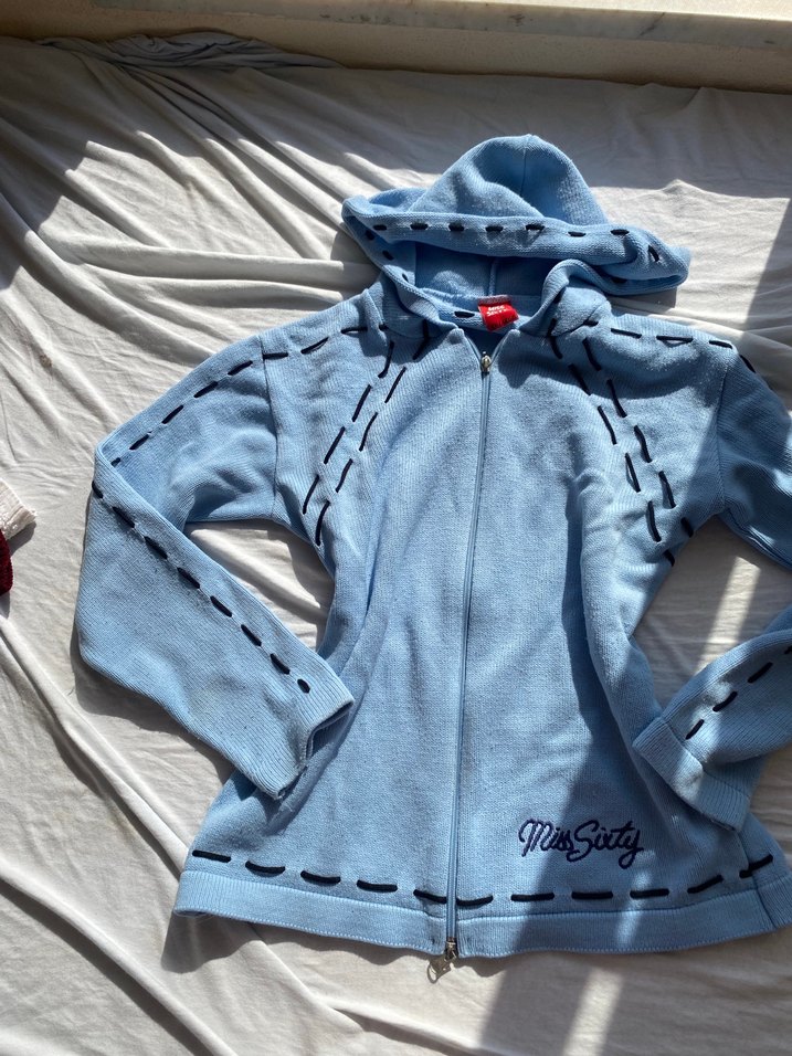 Mavi Kapüşonlu Fermuarlı Hırka - Görsel 5