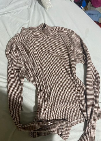 Kahverengi Çizgili Boğazlı Kadın Kazak - Görsel 3