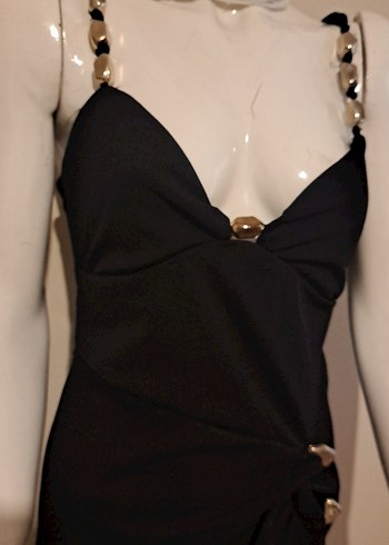 Siyah Drapeli Yılan Desenli Uzun Elbise - Görsel 5