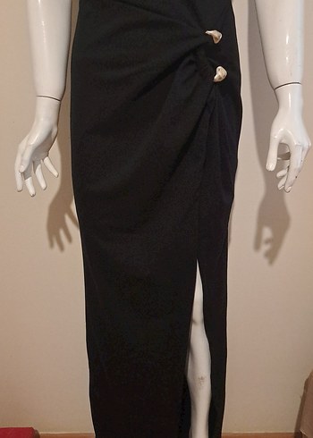 Siyah Drapeli Yılan Desenli Uzun Elbise - Görsel 4