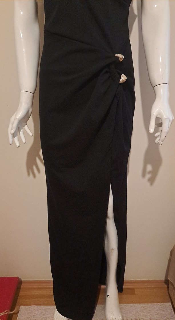 Siyah Drapeli Yılan Desenli Uzun Elbise - Görsel 4