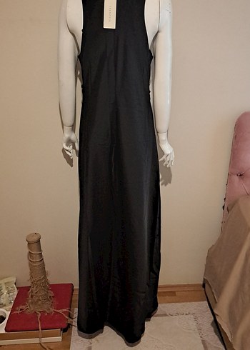 Siyah Drapeli Uzun Askısız Kadın Elbise - Görsel 5