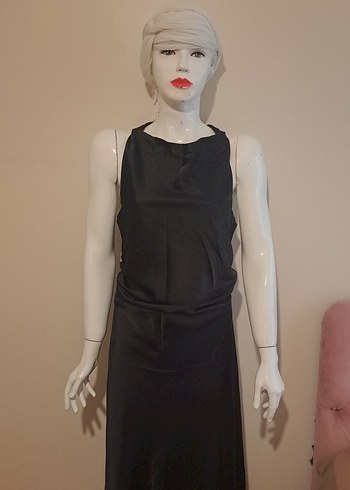 Siyah Drapeli Uzun Askısız Kadın Elbise - Görsel 2