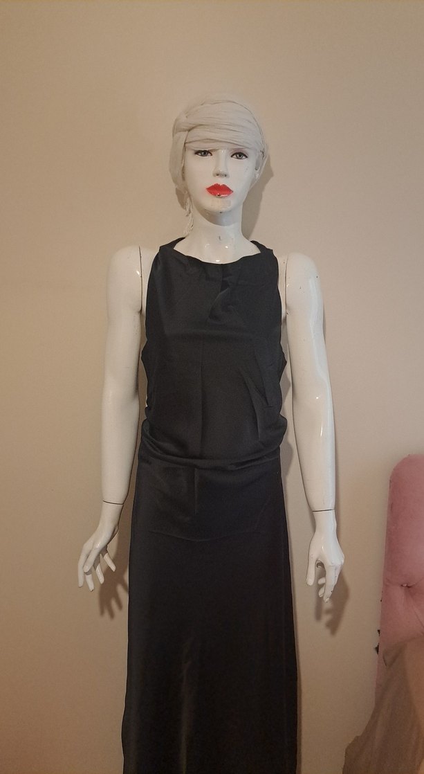 Siyah Drapeli Uzun Askısız Kadın Elbise - Görsel 2