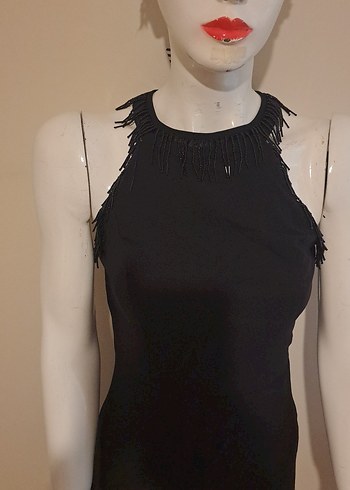 Uzun Siyah İnce Askılı Drapeli Elbise - Görsel 2