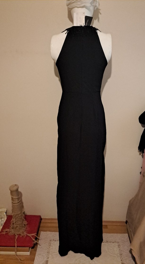 Uzun Siyah İnce Askılı Drapeli Elbise - Görsel 3