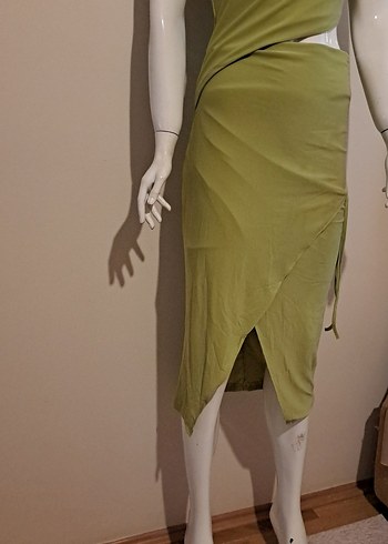 Kadın Haki Drapeli Uzun Straplez Elbise - Görsel 4